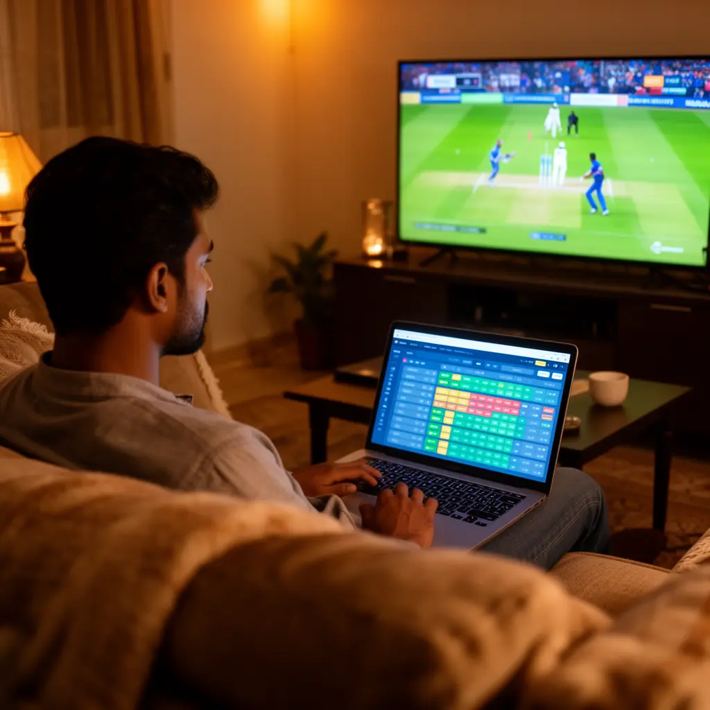 Confident Bangladeshi sports bettor placing live cricket bets on a laptop with EX999 while watching a match on TV in a modern living room