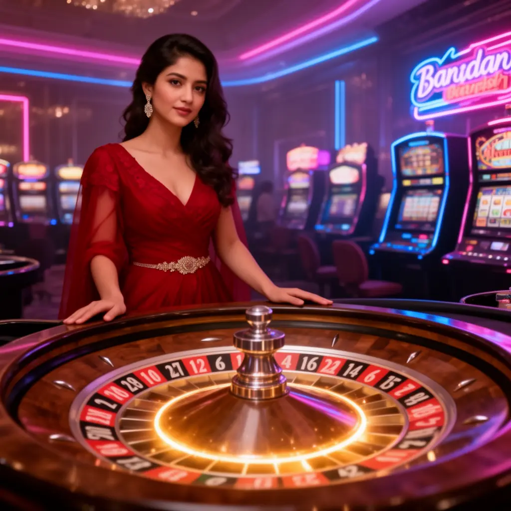Confident casino player in a stylish red dress standing near a vibrant roulette table inside the immersive EX999 casino environment in Bangladesh