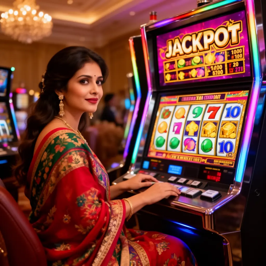 Elegant woman playing a glowing slot machine in a luxury casino atmosphere at EX999 with vivid colors and cinematic lighting in Bangladesh